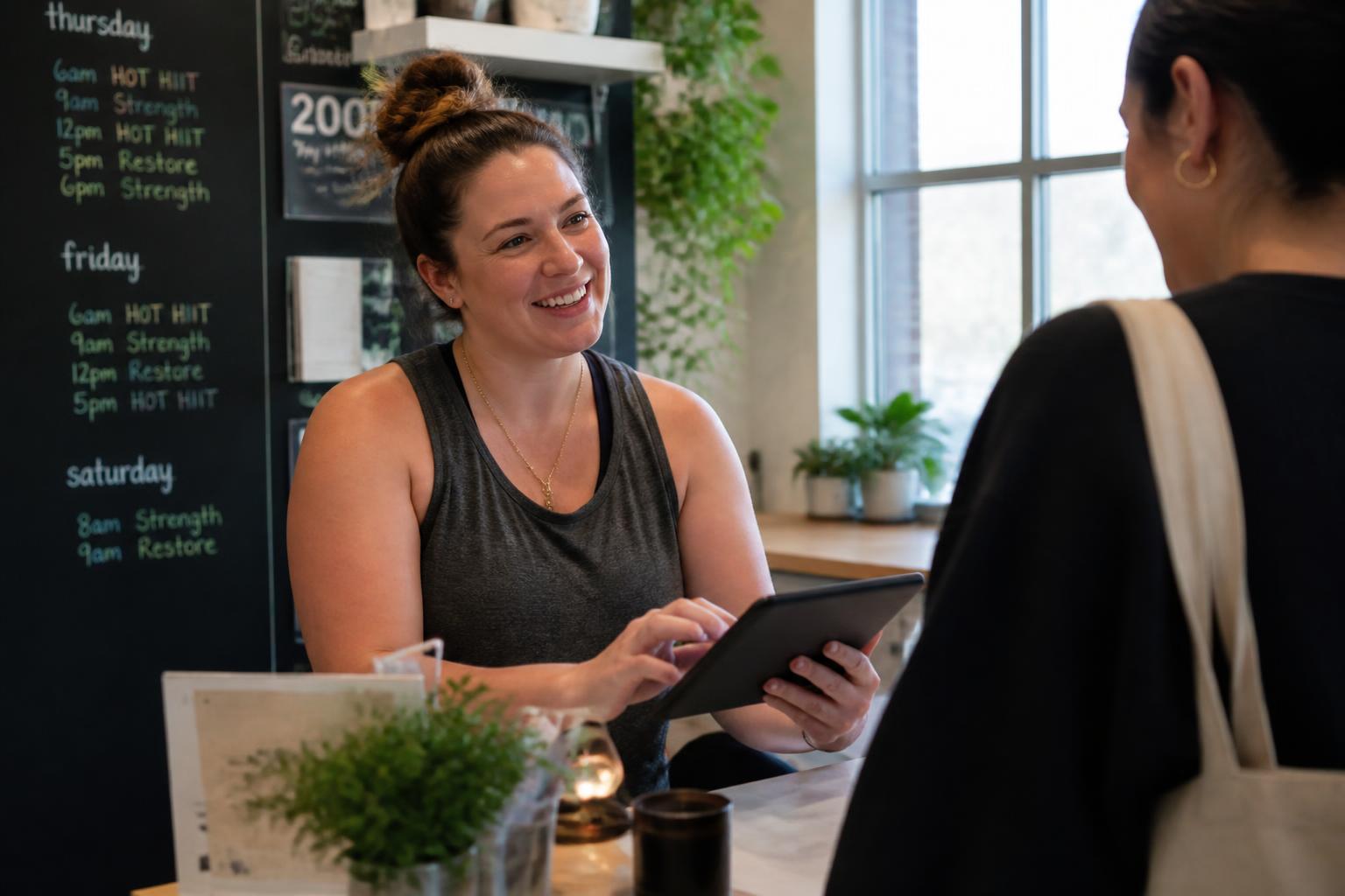 Studio owner at the front desk checking in a member